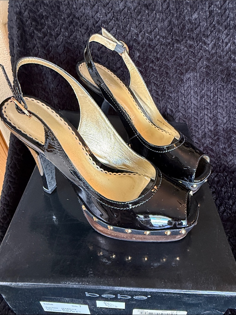 bebe Black Patent Peep-Toe Slingback Heels with Studded Platform